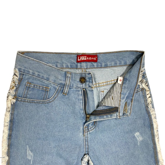 LMHX Light Wash Ripped Denim Jeans With Ruffle Side Detail - Picture 2 of 5